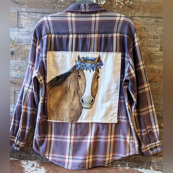 Upcycled Boho Floral Horse Dip Dyed Bleached Flannel Shirt - Picture 1 of 13